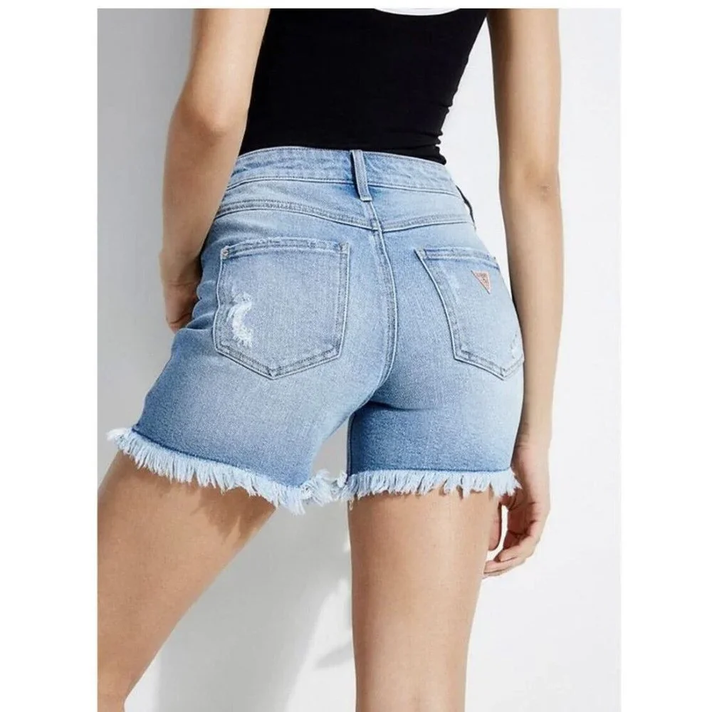 Guess Women’s 1981 Midi Jean Short Light Blue Destroy Denim Size 25